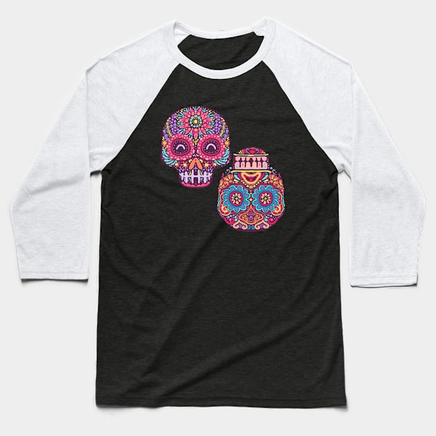 Sugar Skull Mandala Flower Baseball T-Shirt by Mako Design 